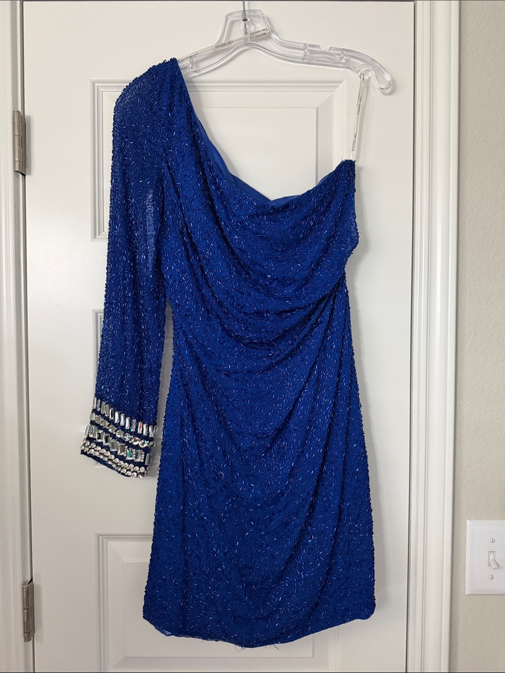 Sherri Hill One-Shoulder Beaded Royal Blue Cocktail Dress